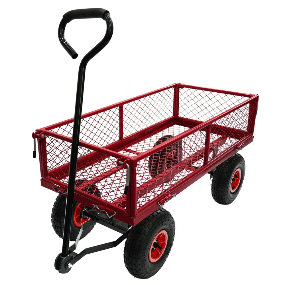 3 Cu. Ft. 300 Lbs. Capacity Removable Sides Metal Steel Mesh Heavy Duty Utility Wagon Outdoor Garden Cart in Red