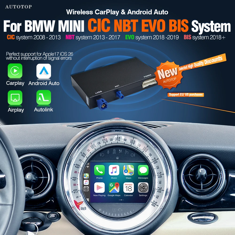 AUTOTOP Draadloze Carplay Android Auto Interface voor BMW MINI CIC NBT EVO BIS R55 R56 R57 R58 R59 R60 R61 F54 F55 met AirPlay GPS BT - afbeelding 2