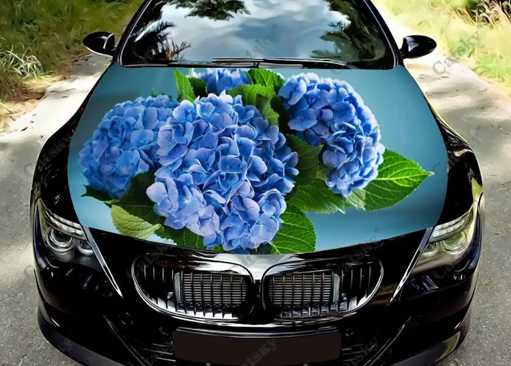 Blue Hydrangea Flower Car Hood Vinyl Stickers Wrap Film Engine Cover Decals Universal Auto Accessories Hood Protective Films