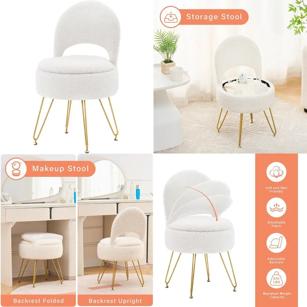 

Многофункциональное бархатное кресло для макияжа Тедди с оттоманкой для хранения, складной спинкой и 4 мягкими подставками для ног с металлическими ножками