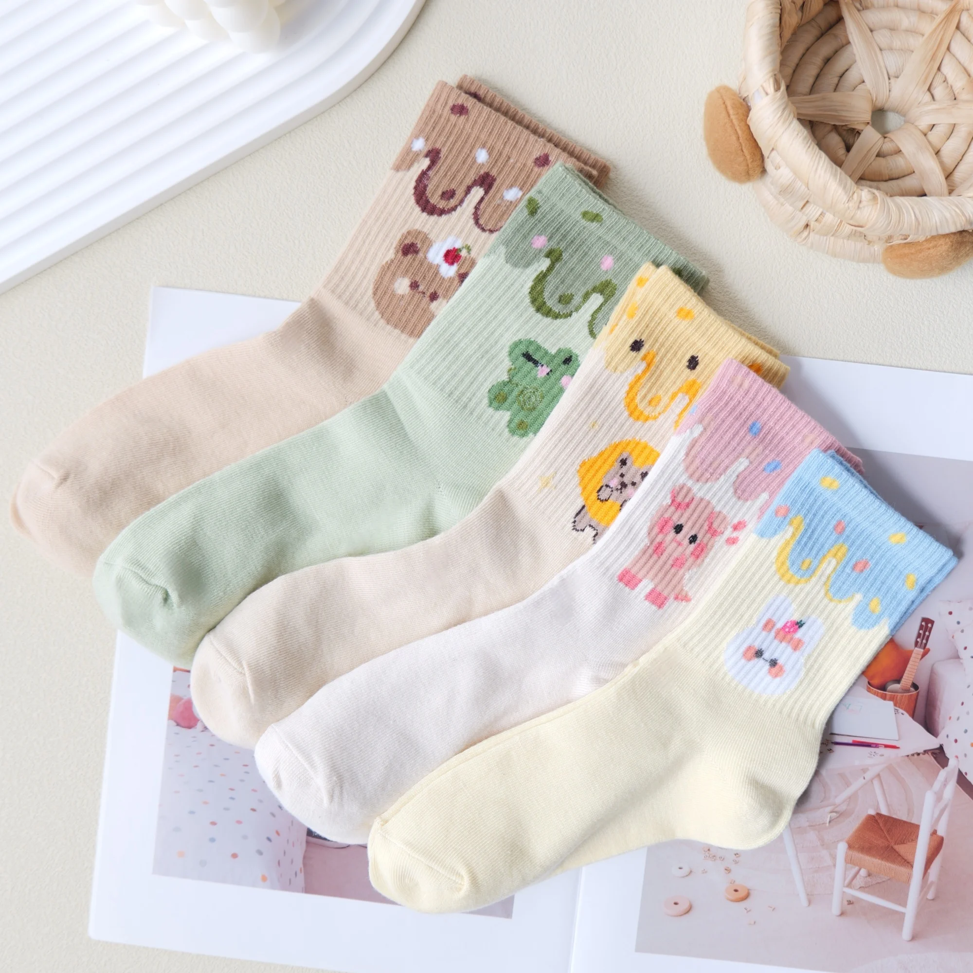 ** أزواج متعددة من الجوارب النسائية متعددة الألوان، تصميمات حيوانات لطيفة، طراز ياباني، مريح، مسامي
