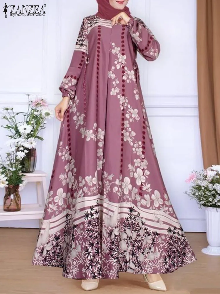 ZANZEA-Vestido largo Vintage con estampado Floral para mujer, traje bohemio musulmán, Abaya, Hijab, ropa islámica, Primavera