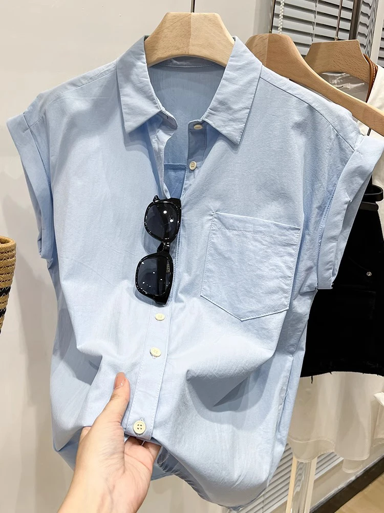 

Blue ort Sve Women's irt Lazy Sle Summer Casual Versatile Commuting Loose oulder Drop out Svel Button up Cotton