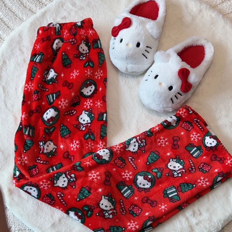 Calças de pijama Sanrio Hello Kitty para mulheres, macio, luxuoso, espessamento, quente, roupas femininas, casual, preto, kawaii, menina, Y2K