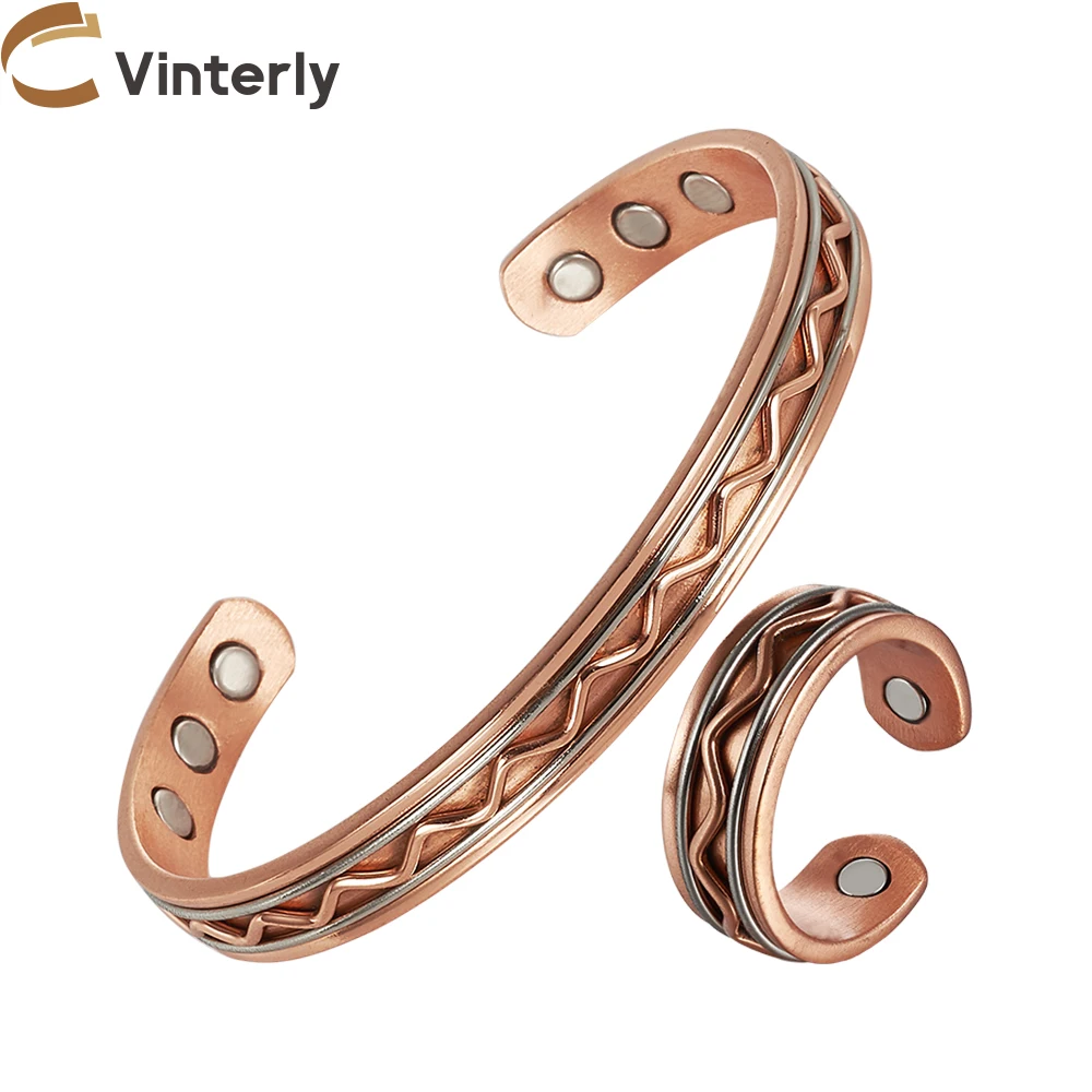 Vinterly Jewelry-Set Magnetic Pure Copper Bracelet Ring Health Energy Jewelry Set Women Resizable High Magnet Adjustable Wave