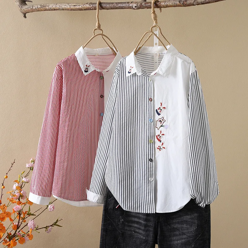 Cotton Striped Patchwork Cotton Shirts and Blouses for Women Cartoon Rabbit Embroider Long Sleeve Shirt Ladies Top