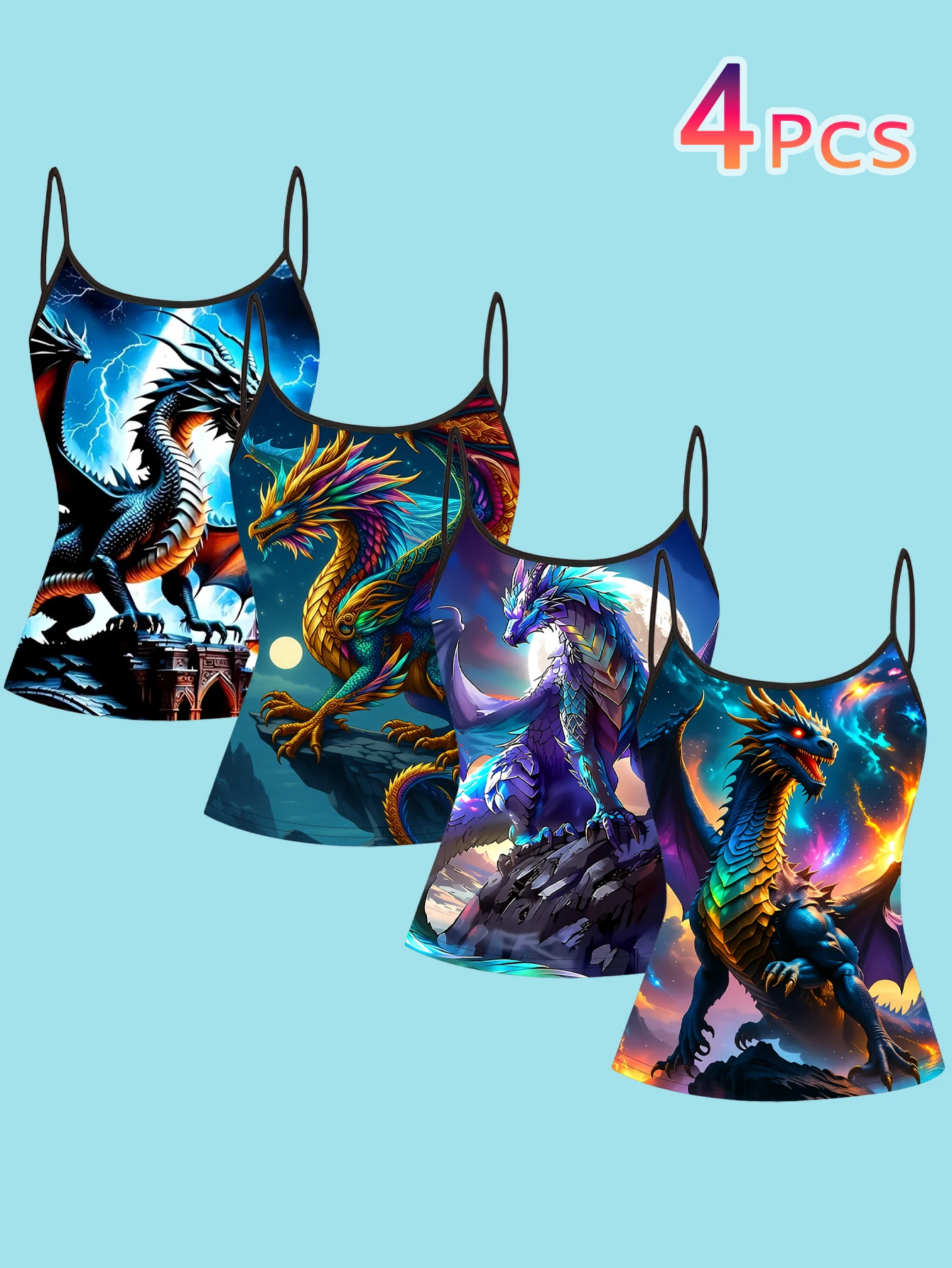 4-Piece Set of Women's Magic Dragon Print Camisoles, Lightning Starry Sky Colorful Wings Mythical Dragon Slim-Fit Spaghetti Strap Inner Tops