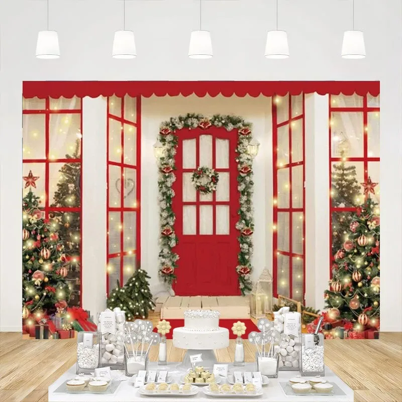 

Christmas Backdrop Red Door Santa's Wreath Trees Photography Background Family Holiday Party Decoration Photo Booth Studio Props