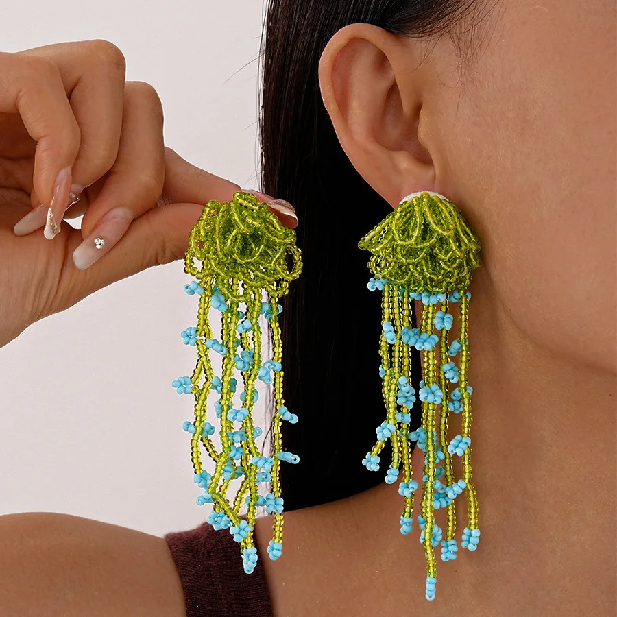 Holiday wind contrasting colors woven glass bead clusters fringed silver needle earrings retro niche high-end temperament  women