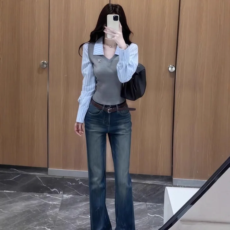Early Autumn New Striped Fake Two-Piece Patchwork Long Sleeve T-Shirt Women's Casual Design Slim Fit Top 4