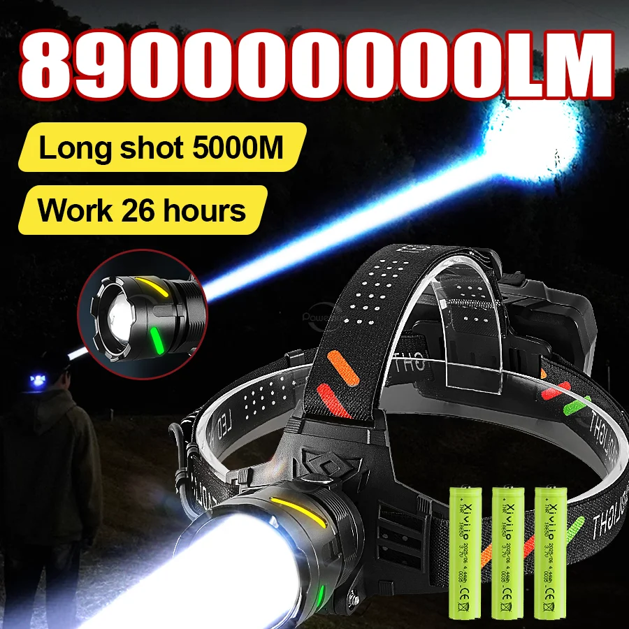 NEW 89000000LM Hight Power LED Headlight Super Bright Long Range 5000M Head Flashlight Rechargeable Head Lantern Fishing Hunting