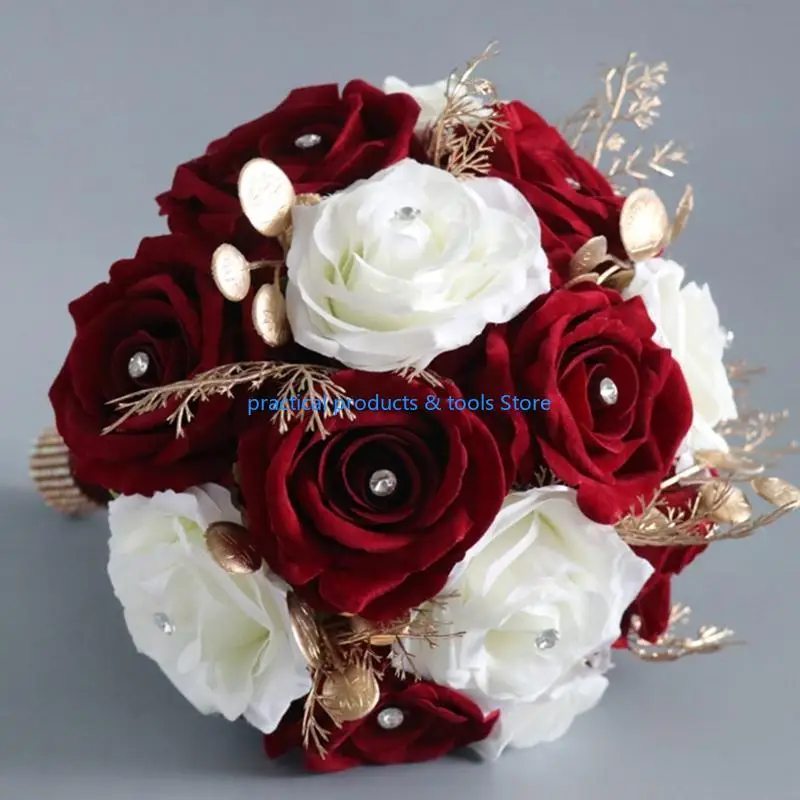 77JB الزفاف باقة زهرة رومانسية باقة الاصطناعية الأبيض والنبيذ زهور الوردة الدعائم الفوتوغرافي للعروس يوم باقات الزفاف العروس #5