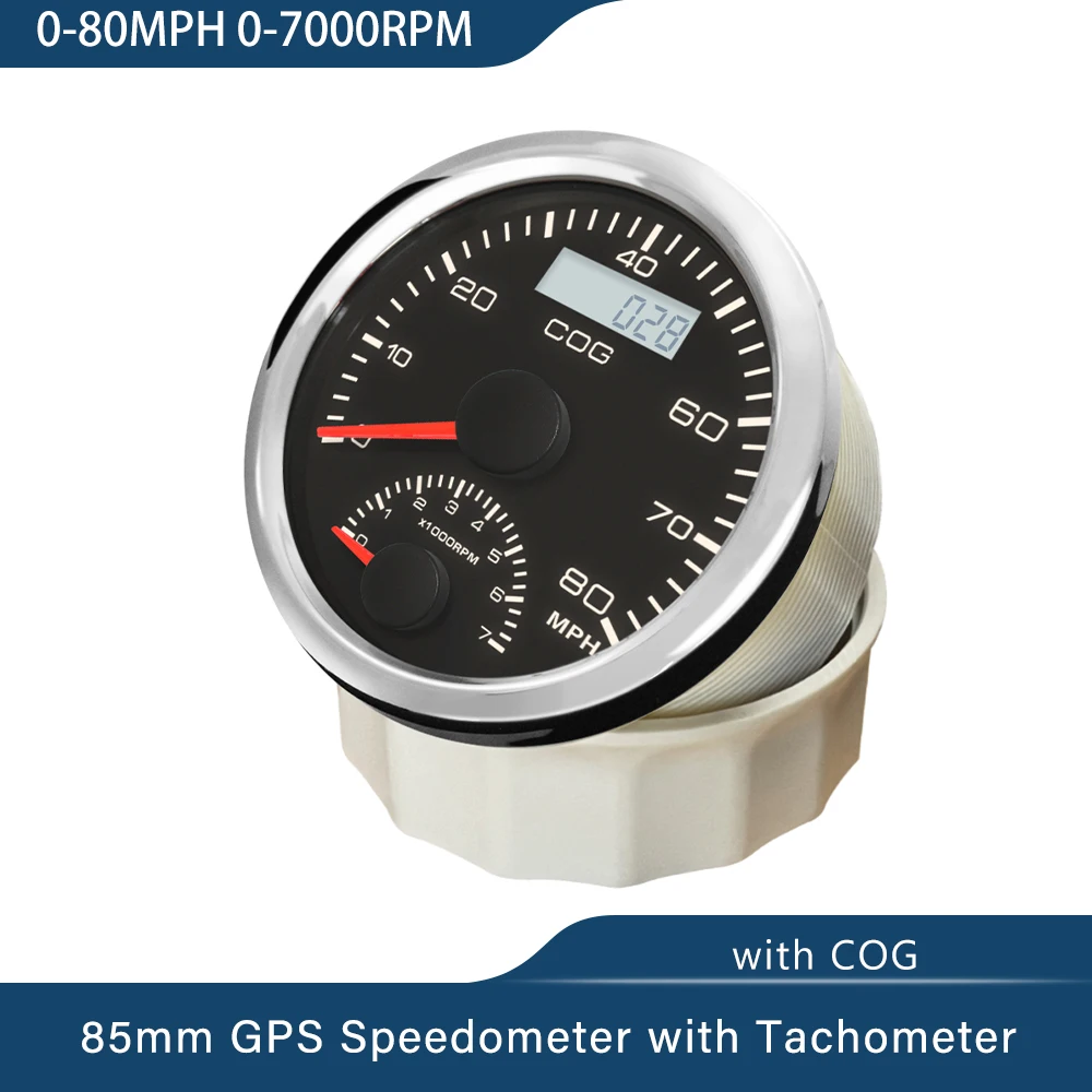 ELING Universal 85mm GPS Speedometer 0-80MPH 0-7000RPM with GPS Antenna Amber Backlight 12V 24Volts for Boat Vessels
