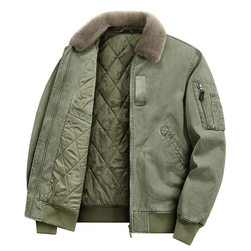 Autumn Winter Fleece Detachable Fur Collar Padded Jacket Men's Warm Casual Outerwear