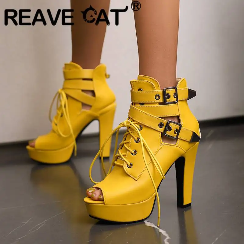 REAVE CAT Luxry Ladies Shoes Open Toe Thick Heels 12cm Lace Up Buckles Platform 3cm Women Sandals Party Big Size 48 49 50