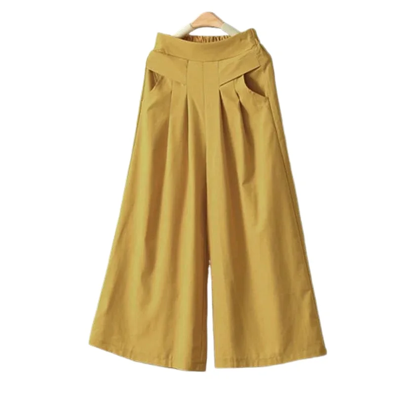 Pendant Cotton and Linen Thin Culottes Women's  Breathable Loose Wide-leg Pants Literary Elastic High-waisted Nine-point Pants