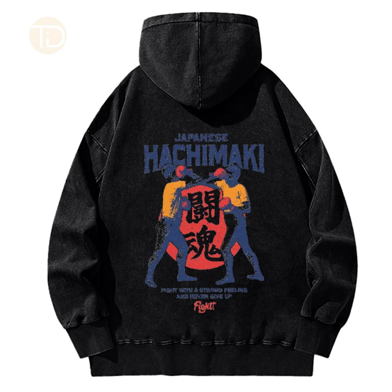 Washed Hoodies For Men, Japanese Hachimaki Graphic Printed Streetwear Men's clothing, 100% Cotton Long Sleeve Hooded Sweatshirts