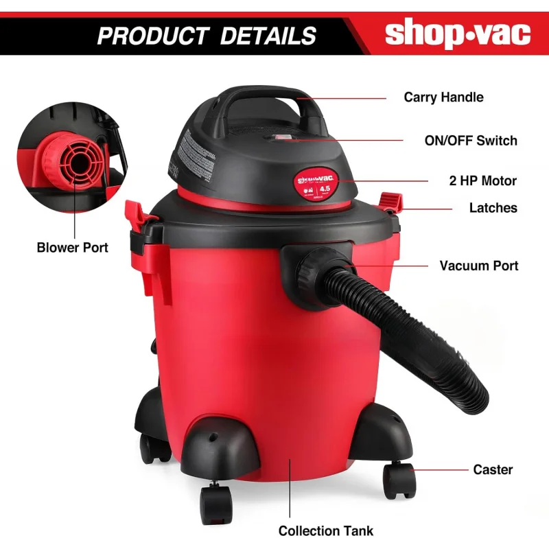 4.5 peak HP wet/dry vacuum, portable heavy-duty shop vacuum 3 in 1 function with attachments for house, garage, car &