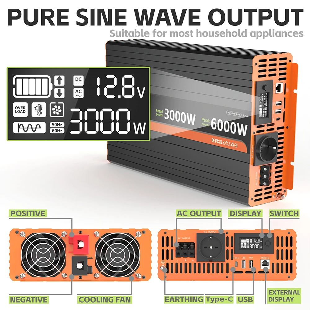 DC12V‑AC230V Pure Sine Wave Inverter 1000W 1500W 2000W 2500W 3000W Optional LCD Screen Remote Controller EU Socket for RV Carava