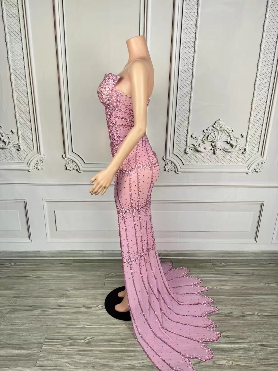 Robe de Soirée Luxueuse en Maille Transparente, Tenue de Bal Sexy, Fente Latérale, Sans Bretelles, avec Strass, pour Séance Photo