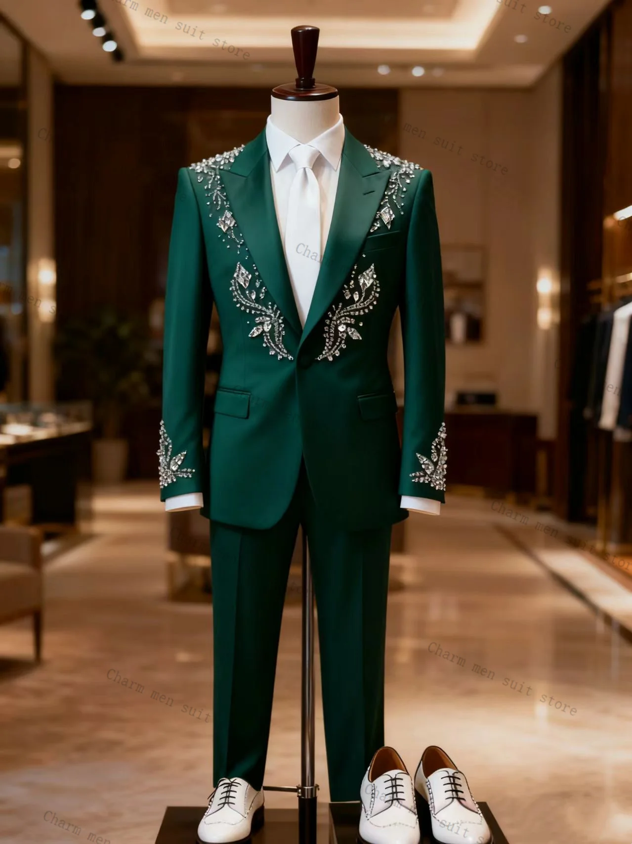 

Green Luxury Men Suits Set 2 Pcs Crystals Blazer+Pants Trousers Cotton Wedding Tuxedo Formal Office Business Groom Jacket Coat