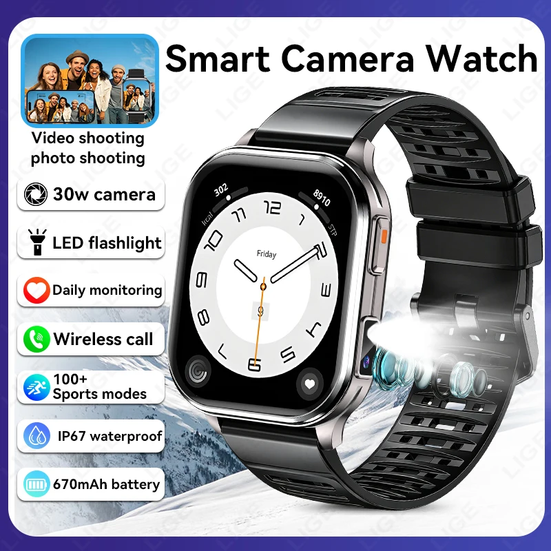 LIGE Neue Kamera-Smartwatch für Männer und Frauen Foto-Video-Aufnahme Gesundheitsmonitor Sport Fitness Wasserdicht BT-Anruf Musik Smartwatch