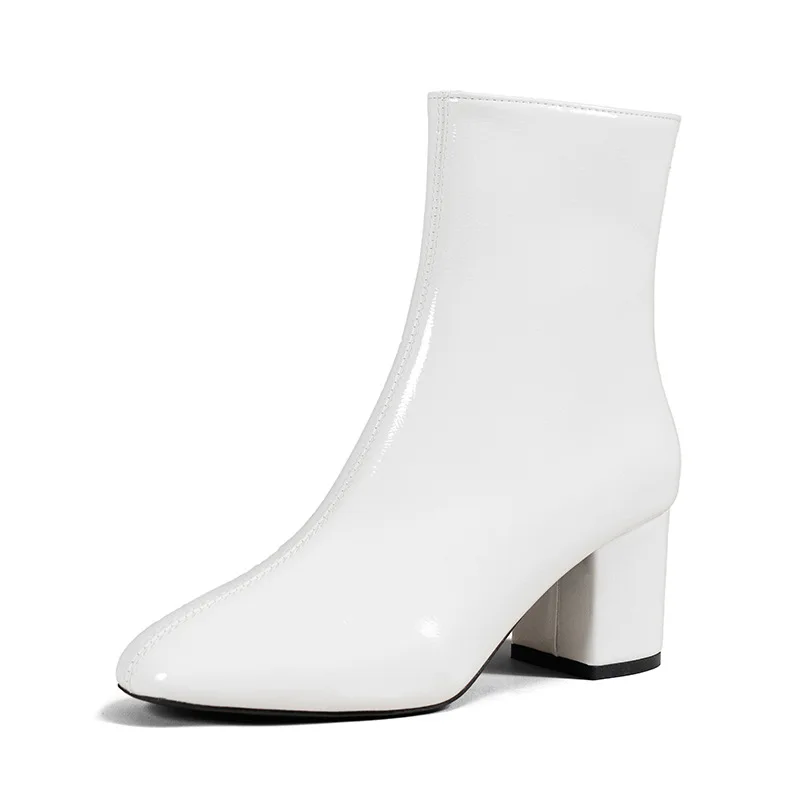 White Ankle Boots for Women 2025 Side Zipper Stretch Middle Heel Large Size Short Boot Fashion Pointed Shoes Botas De Mujer