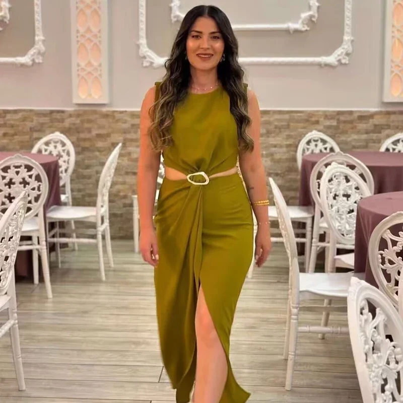 TRAF Women's Dress  Buckles Cut-Out Dresses Elegant Party Dresses Black Green Khaki Dress Midi Sleeveless O-Neck Sexy Vestidos