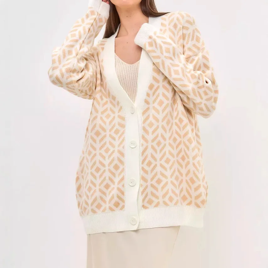 

Осень/зима 2023, женский вязаный жаккардовый кардиган с v-образным вырезом и длинными рукавами, шерстяное свободное пальто