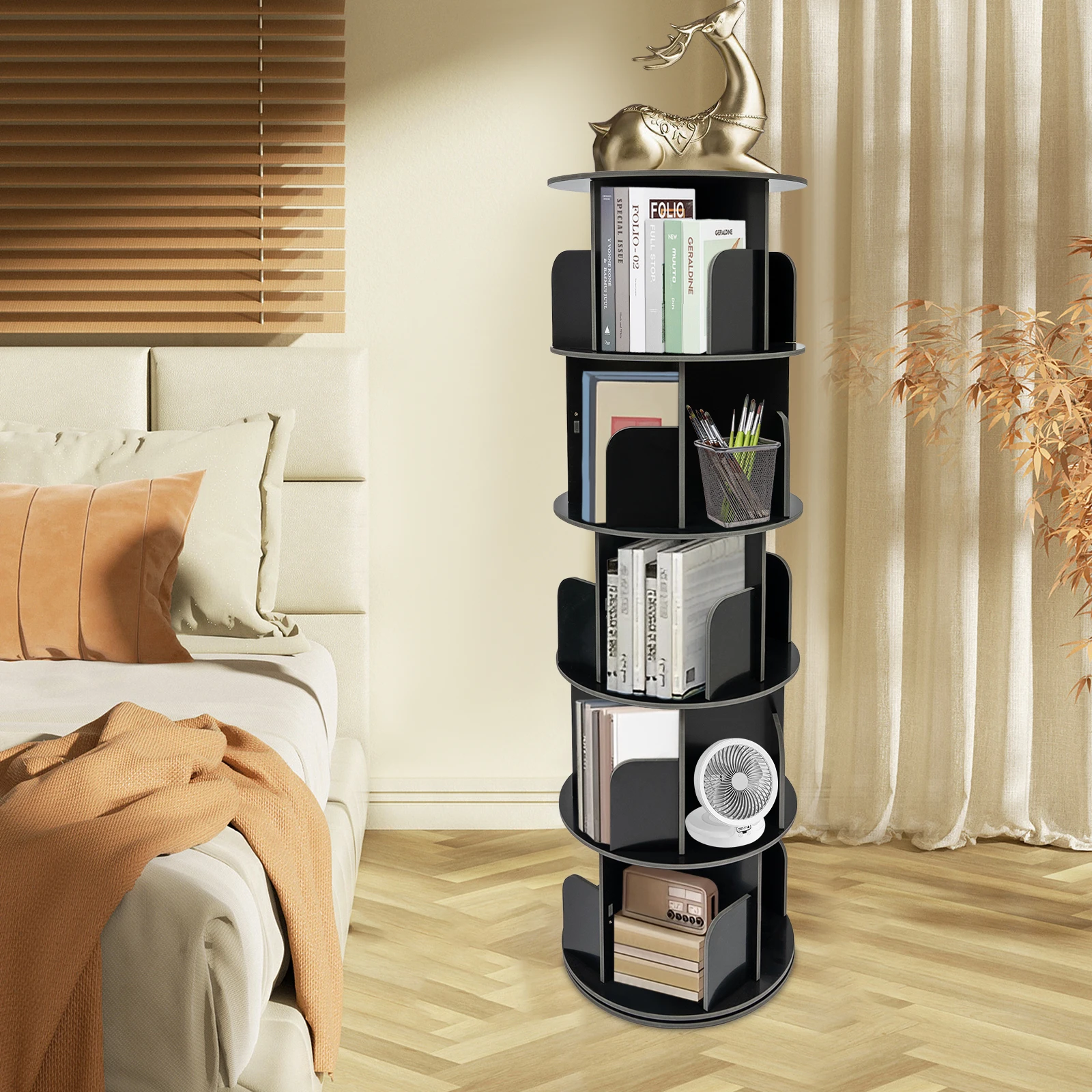 

5-Tier Round Base 360° Rotating Bookshelf, Large Capacity Floor Bookcase, Multi-Space Storage Unit for Living Room, Study, Cafe