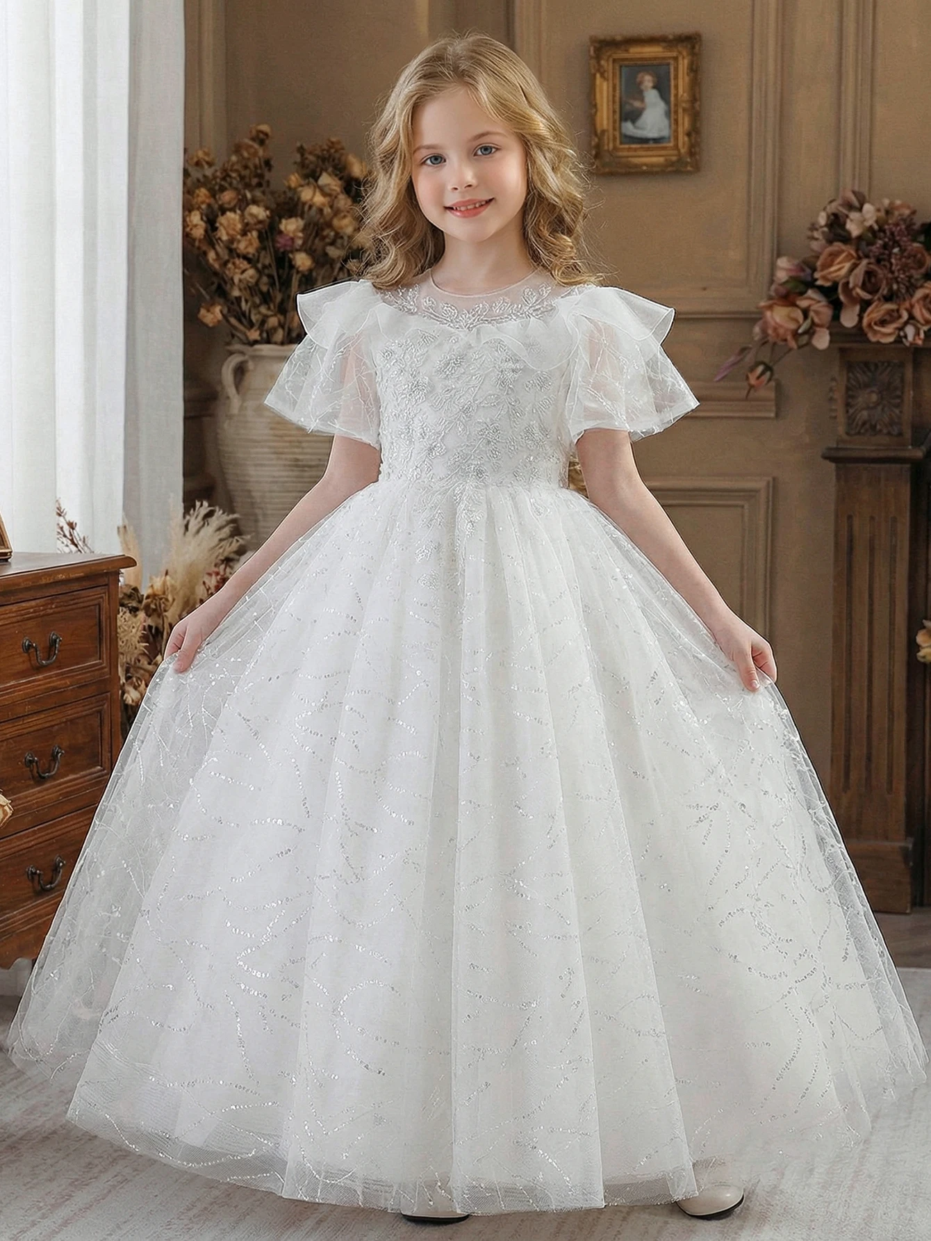 Tween Girl Round-neck White Mesh Ribbon Beaded Wedding Flower Girl Party Dress Princess Style High-End Embroidered Wedding Dress