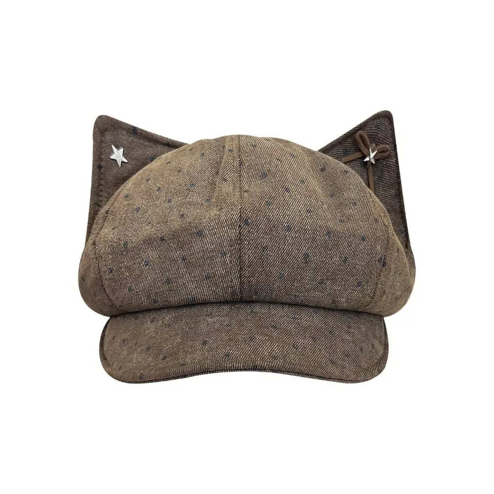 New Polka Dot Cat Ears Beret Hat Bowknot Star Newsboy Caps Cloud Beret Adjustable Denim Beret Cap Women