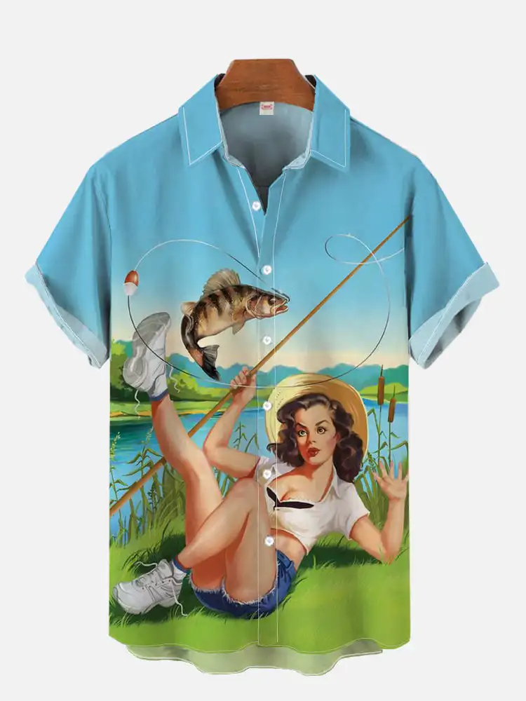 1980s Vintage Pin Up Girl Poster Sexy Girls Blonde Beauty 3D Print Men\'s Short Sleeved Shirts For Men Fashion Hawaiian Shirts