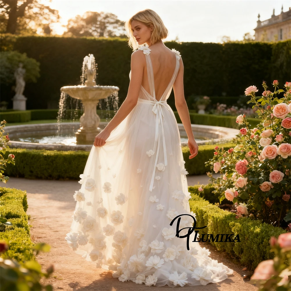 Mesh Long Bride Dress Tank Sleeves 3D Flowers Detailing A Line Maxi Wedding Dresses for Women Customized Plus Size Bridal Gown
