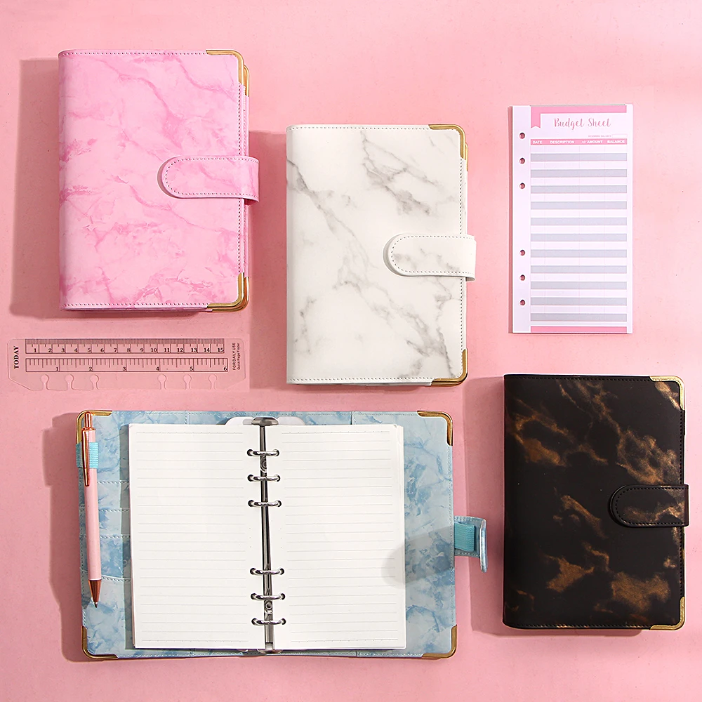 Macaron Marble Color A5 A6 6Ring Binder PU Clip-on Notebook Leather Loose Leaf Notebook Cover Notebooks Journal Stationery