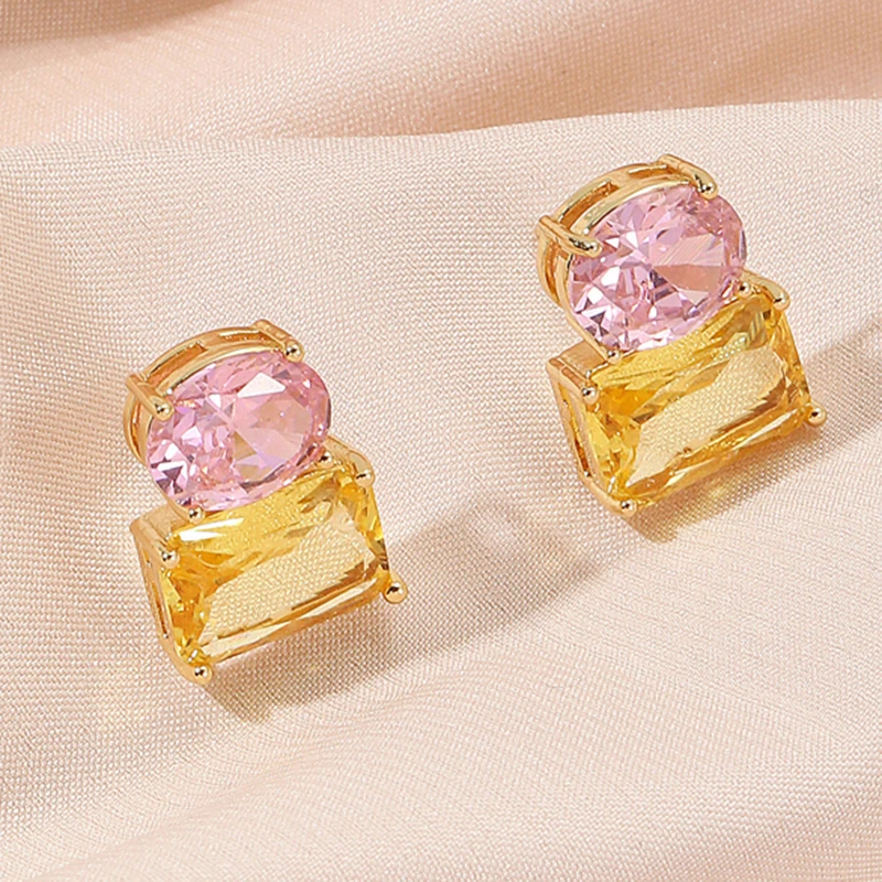 

FEEHOW Luxury Geometric Square Stud Earrings For Women Shiny Green Yellow Pink Zirconia Earring Wedding Bridal Accessories