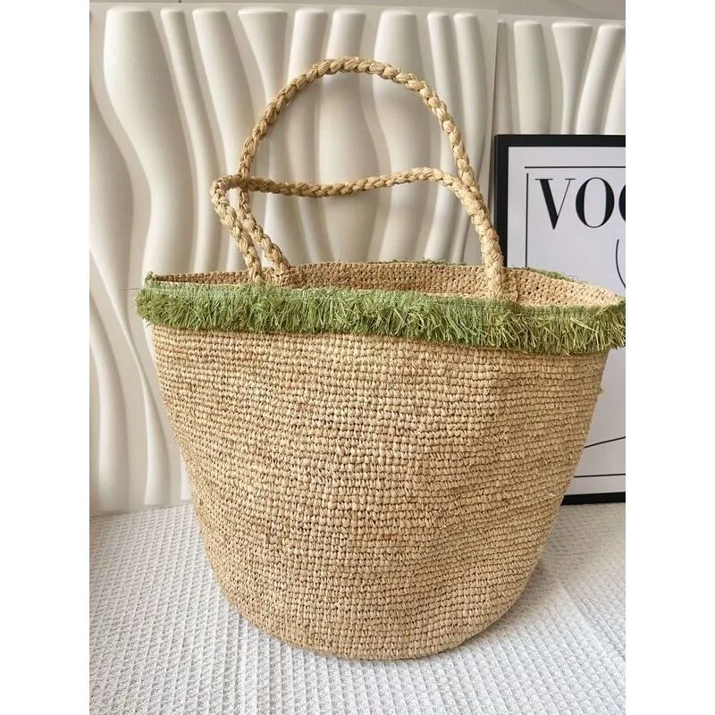 

Color-blocked Straw Tote Bag Women Summer Large Capacity Woven Basket Bag Casual Shopping Commuter & Beach Vacation Shoulder Bag