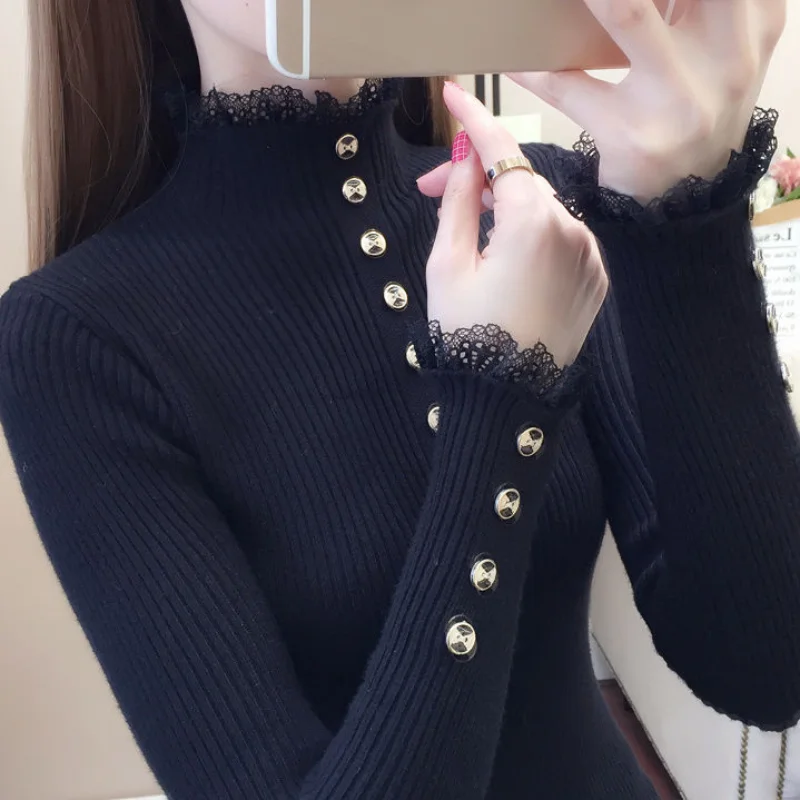 Women Autumn Winter Trendy Chic New Half High Collar Pullover Knit Base Layers Lace Button Spliced Warm Sweater Long Sleeve Tops