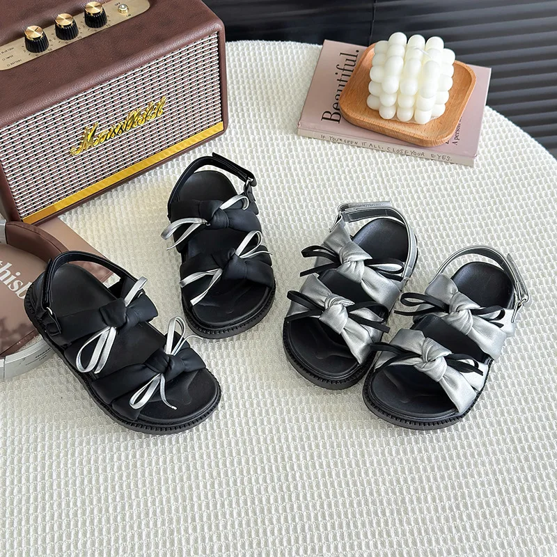 Summer Beach Shoes Open Toes Sweet Anti-skid 2026 Summer Girls Princess Sandals with Double Bow-knots Soft Fashion Classic Kids