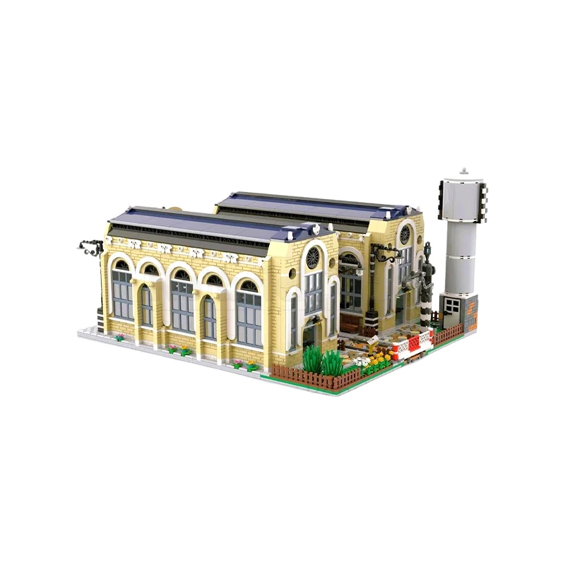 MOC Vintage Railway Old Depot Building Blocks City Street View Modular Train Shed Garage Track Layout Bricks Model Toys Adult