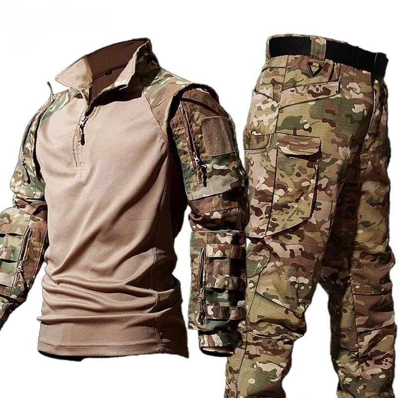 Tactical Set Men Outdoors Training Breathable Mesh Sweatshirt+Multi Pocket Cargo Pant Camo 2 Pcs Sets Combat Resistant Suits