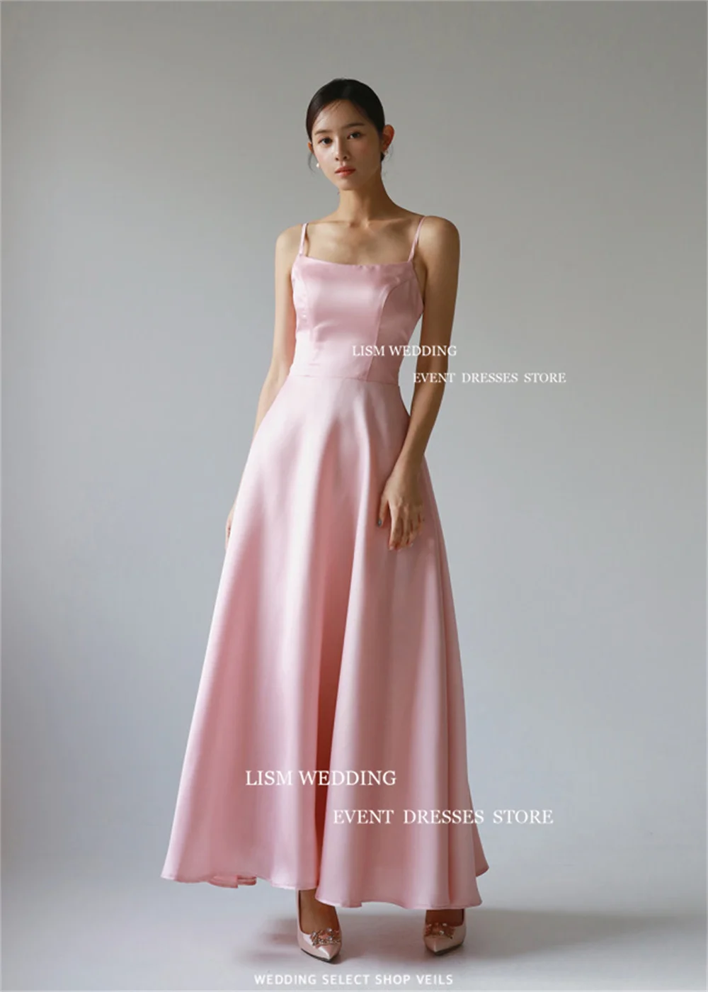 LISM Spaghetti Strap Pink Korea A-Line Evening Dresses Photo Shoot Party Dress Ankle Length Corset Back Formal Party Gowns