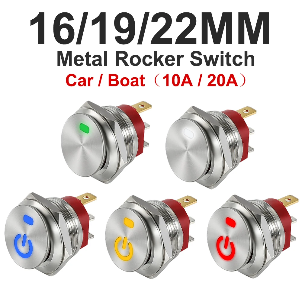 16/19/22mm Metal Toggle Rocker Switch LED Podświetlany samochód RV Auto Boat Deska rozdzielcza Samooblokująca 12V 24V 20A ON-Off 3 Pin SPST 220V 15A