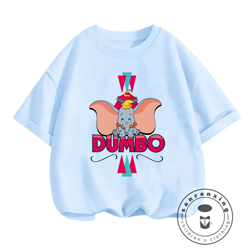 Disney Dumbo Fashion Soft O-Neck T-Shirts for Boys and Girls Kawaii Cartoon Prints on Solid Color Summer Upper Wear for Children