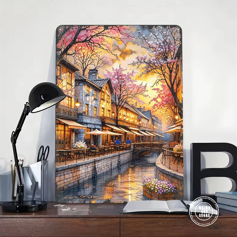 European Canal Town At Sunset 3D Texture Printed Poster Custom Vintage Metal Tin Plate Sign for Wall Art Home Decor Living Room