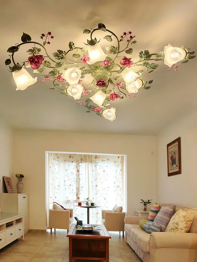 

American Country Living Room Ceiling Lamp Pastoral Style Flower Lamp Bedroom Romantic Rose Lamp