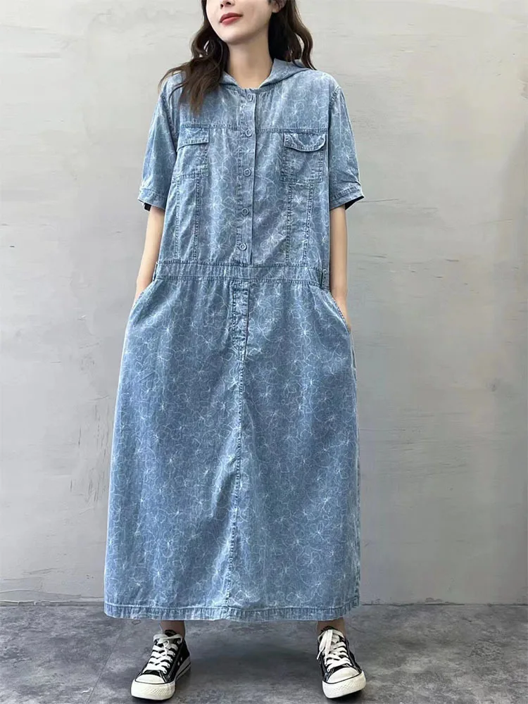 Max LuLu 2023 Summer Long Clothes Womens Fashion Loose Printed Denim Hooded Dresses Korean Ladies Luxury Elegant Floral Vestidos