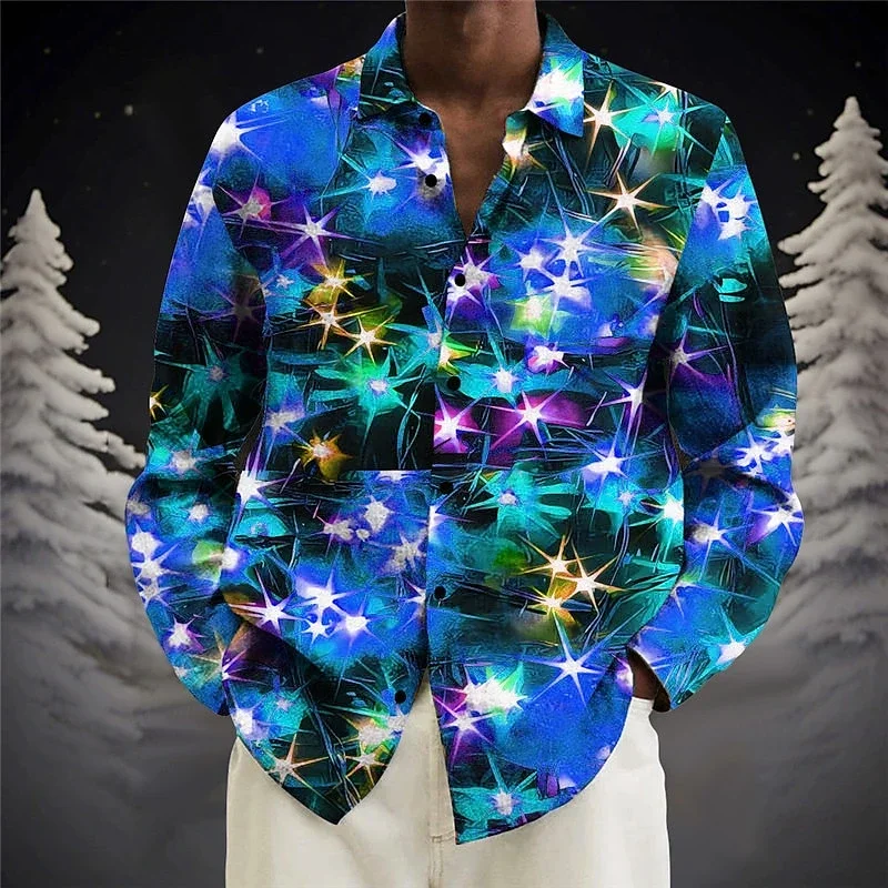 Fashion Christmas Lights Pattern Shirts Spring Autumn Trend Casual 3D Printed Long Sleeve Shirts Loose Streetwear Mens Blouse