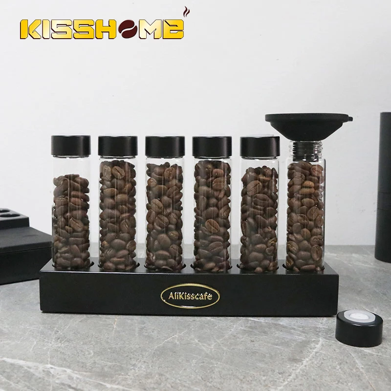 Coffee Beans Storage Container Glass Tube Bottle With Breathable Lid Wooden Display Rack Barista Accessories Coffeware Sets Gift