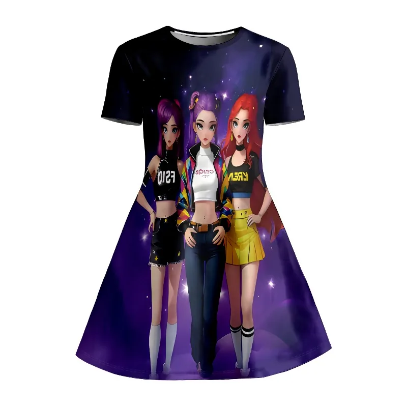 T-Shirt-Kleid mit Anime-Girl-Group-Aufdruck, K-Pop-Fan-Kinderkleid in Lila Galaxy, lässiges Kleid, geeignet für Geburtstagsgeschenke – Detail 5